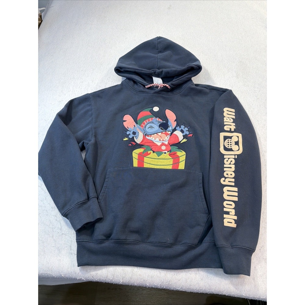 Disney World Stitch Christmas Hoodie Adult, Small, Navy Blue Pullover Sweatshirt